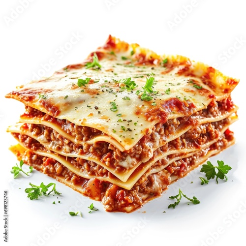 A slice of homemade lasagna garnished with parsley on a white background.