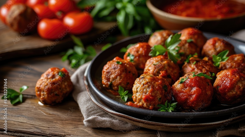 Plate of juicy meatballs garnished with parsley and tomato