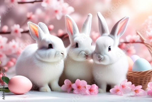 Easter holiday concept. Happy easter greeting card with bunnys, colourful eggs and cherry blossoms. © elena_hramowa