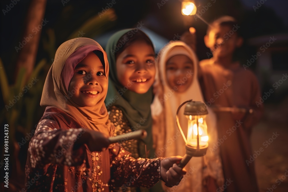 moslem childs handling lantern, Cheerful group of friends celebrating eid mubarak moslem childs handling lantern, Cheerful group of friends celebrating eid mubarak