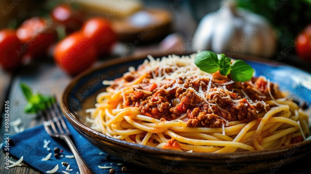 Plate of spaghetti bolognese with grated cheese and basil, surrounded by tomatoes and garlic. - obrazy, fototapety, plakaty 