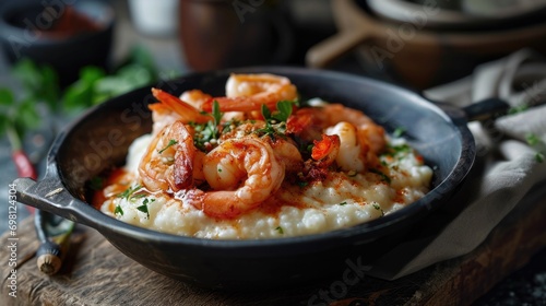 Shrimp and grits in a cast iron skillet, garnished with herbs