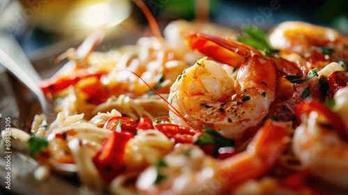 Close-up of a delicious shrimp scampi dish with herbs and sliced red peppers