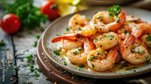 Close-up of a delicious shrimp scampi dish with herbs photo
