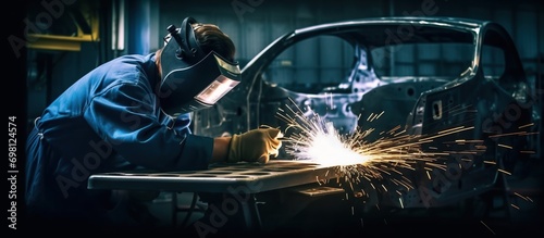 workers are doing argon welding making a car