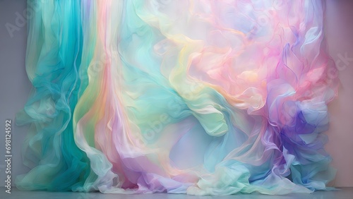 A visually stunning abstract wall adorned with an array of The vibrant tulle fabric in a vibrant pastel colors creatively folds & flowing on the polish floor  creating a sense of calmness and elegance photo