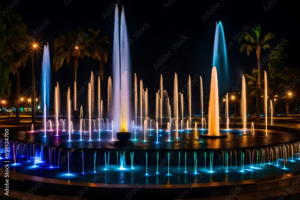 At night, a vibrant water feature at Lima Park