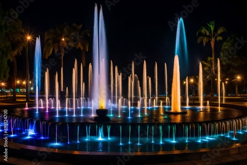 At night, a vibrant water feature at Lima Park