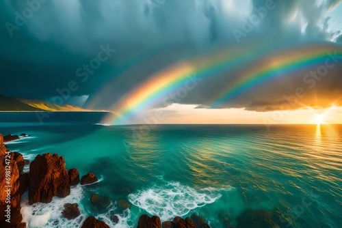 Beautiful landscape with turquoise sea with double sided rainbow at sunset photo