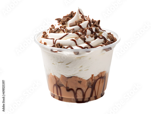 Whipped Cream Dessert with Chocolate in a Plastic Cup, isolated on a transparent or white background