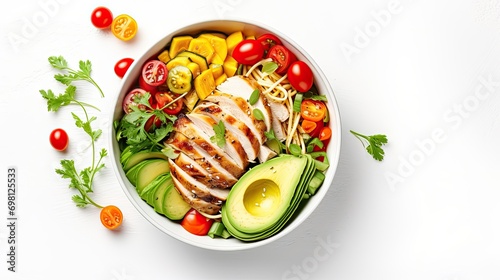 Grilled chicken meat and fresh vegetable salad of tomato, avocado, lettuce mango, sprouts, banana. Healthy and detox food concept. Ketogenic diet. Buddha bowl dish on white background, top view