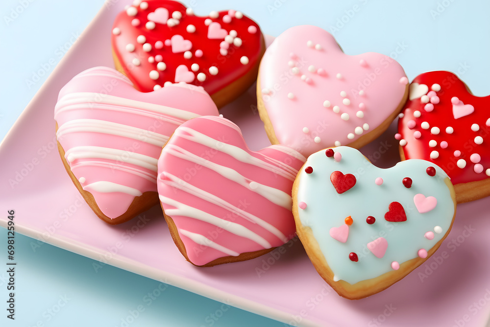 Top view of heart shaped Valentine's day cookies on pink plate Top view of heart shaped Valentine's day cookies on pink plate