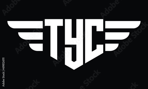 TYC three letter logo, creative wings shape logo design vector template. letter mark, word mark, monogram symbol on black & white.	