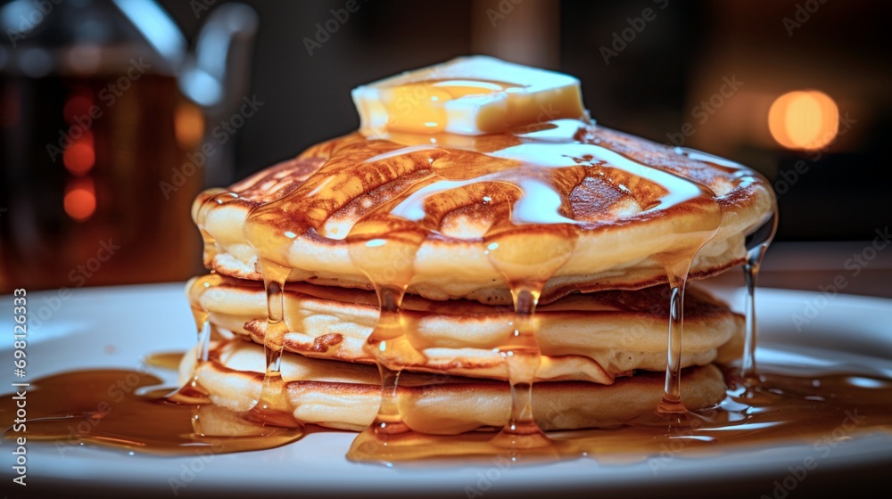 A close-up shot of a fluffy stack of pancakes drizzled with maple syrup, adorned with a pat of melting butter, embodying a classic American breakfast.