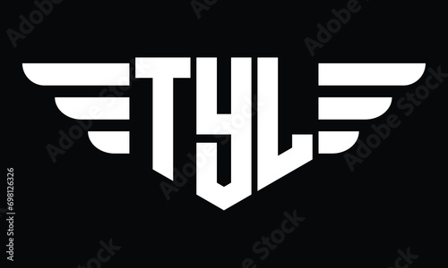 TYL three letter logo, creative wings shape logo design vector template. letter mark, word mark, monogram symbol on black & white.	