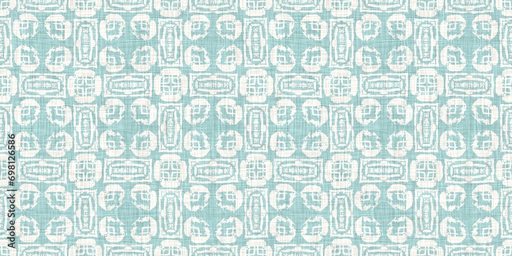 Aqua teal blue white vibrant watercolor batik azulejos tile border banner background. Seamless coastal blur linen effect geometric mosaic effect.Boho Patchwork nautical masculine summer ribbon trim. 