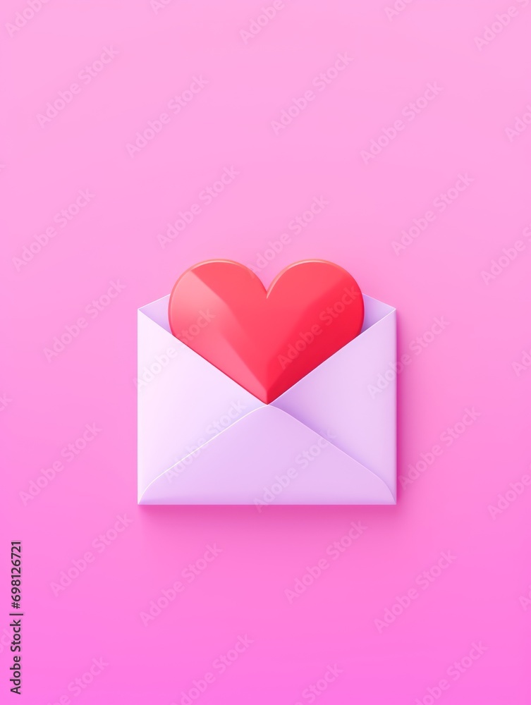 love letter with red heart, cute plastic icon on bright pink background color, 3d isometric style