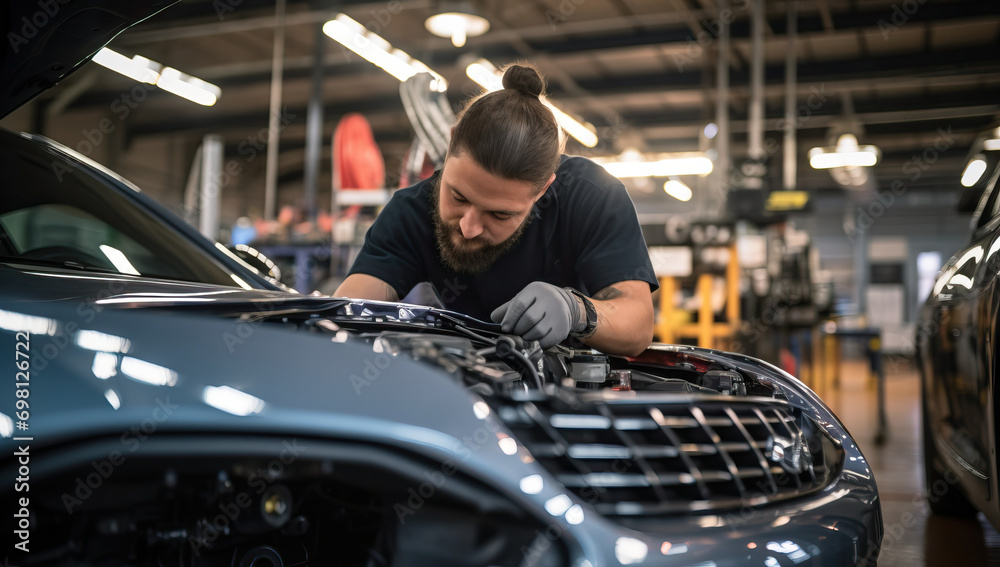 auto mechanic working on car in auto repair shop, service and maintenance concept auto mechanic working on car in auto repair shop, service and maintenance concept