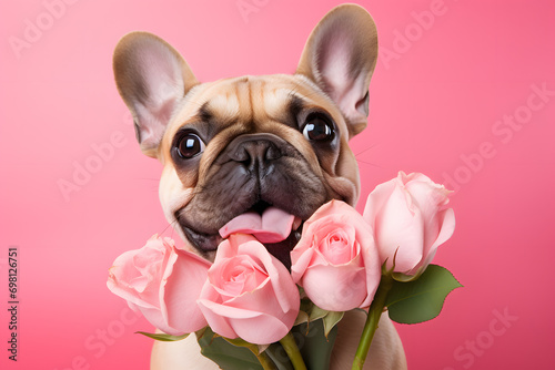 Cute French Bulldog dog with pink rose flowers in front of pastel pink studio background