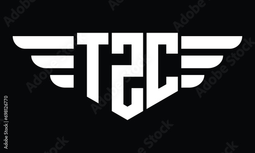 TZC three letter logo, creative wings shape logo design vector template. letter mark, word mark, monogram symbol on black & white.	 photo