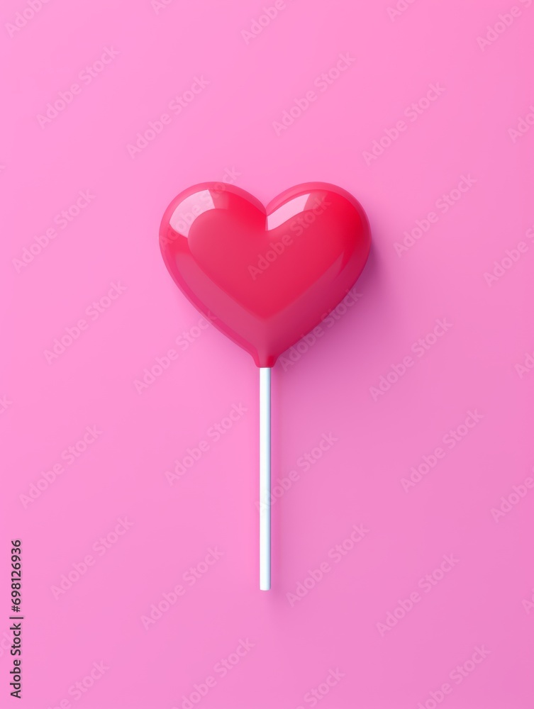 heart lollipop, cute plastic icon on bright pink background color, 3d isometric style