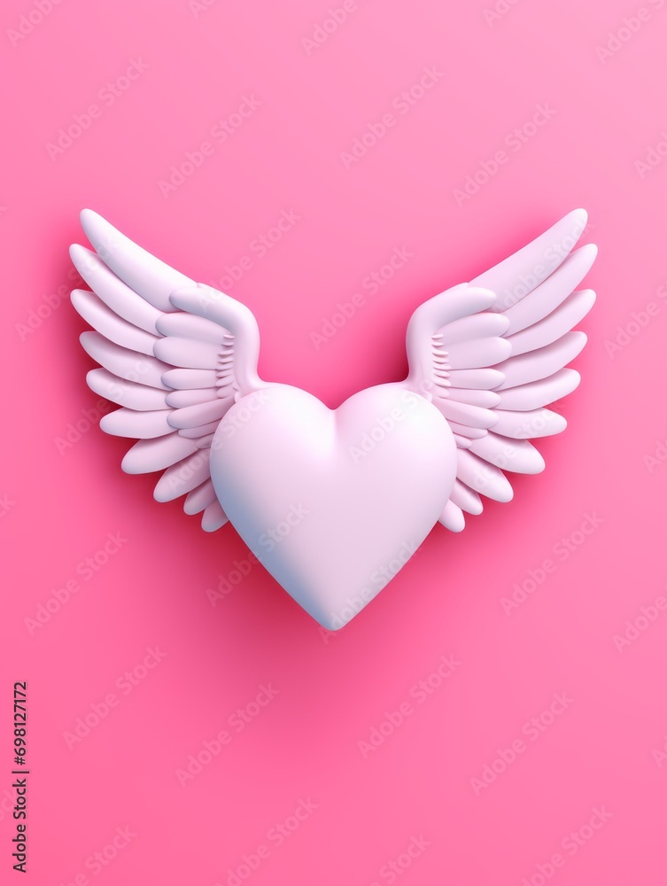 white heart with wings, cute plastic icon on bright pink background color, 3d isometric style