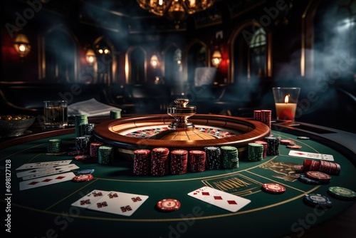 A big poker table, Place a betting table, Play blackjack with stacked poker cards and roulette lie on the table. Generative AI. photo