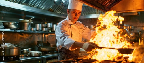 Chef flambeing in restaurant kitchen.