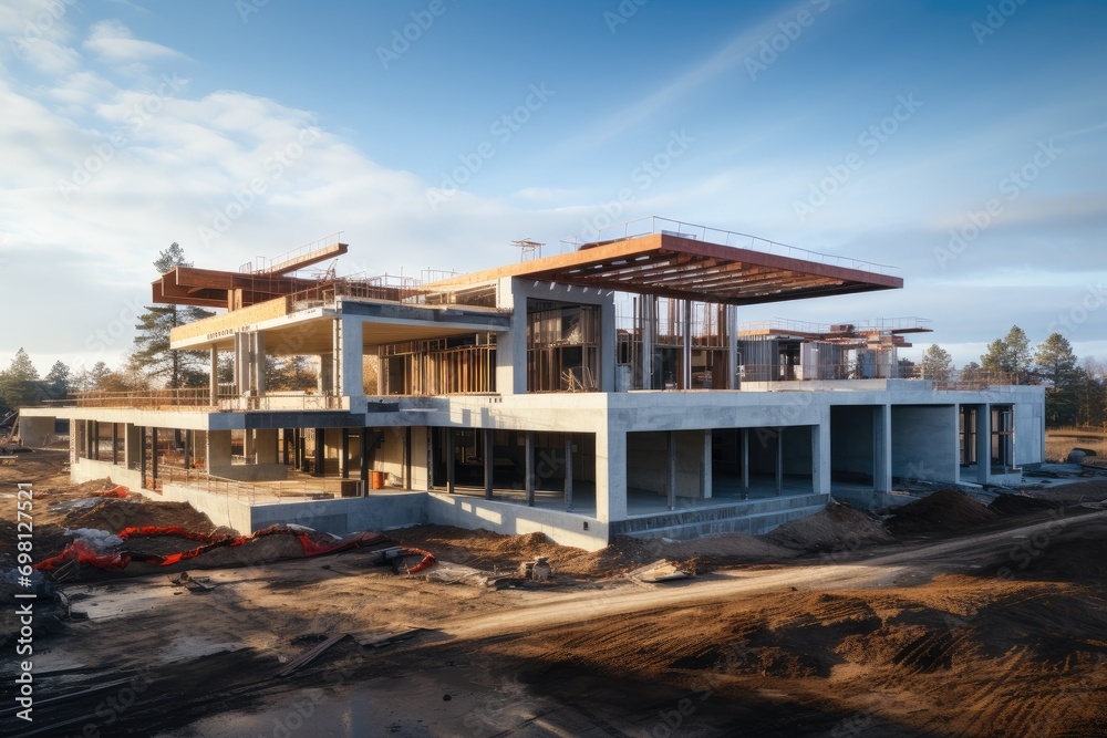 Fototapeta premium Modern concrete and steel building construction site. Generative AI.