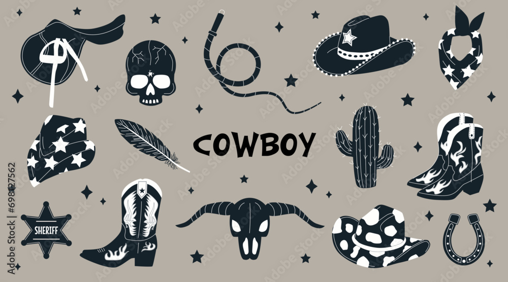 Hand drawn black and white vector cowboy accessories. Collection of retro elements. Cowboy Western and Wild West theme. Set of cowboy hat, boots, cactus, lasso, cow skull, horseshoe, saddle, feather. - obrazy, fototapety, plakaty 
