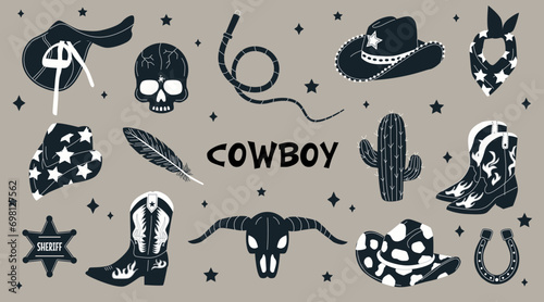 Hand drawn black and white vector cowboy accessories. Collection of retro elements. Cowboy Western and Wild West theme. Set of cowboy hat, boots, cactus, lasso, cow skull, horseshoe, saddle, feather. photo