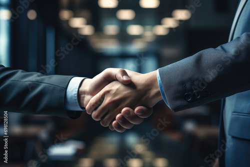 Two business partners shake hands in the office. Generative AI.