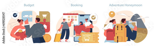 Honeymoon concept. Newlyweds engage in budgeting, making reservations, and embarking on adventurous excursions.