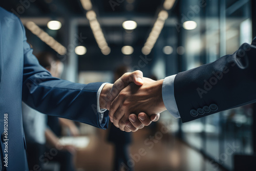 Two business partners shake hands in the office. Generative AI.