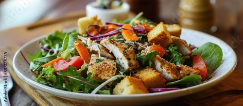 Salad with chicken, veggies, croutons photo
