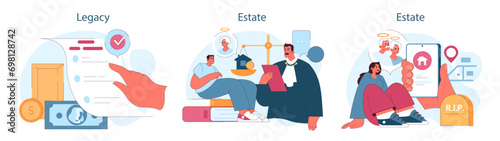 Inheritance set. Estate planning, tax considerations, and executor duties. Testament administration, property transferring paper. Flat vector illustration.