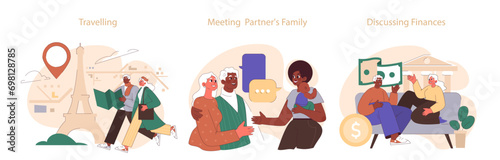 Old age marriage set. Excited senior couple. Elderly people dating and building a family. Old characters lifetime companionship and support. Flat vector illustration