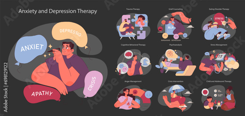 Holistic Therapy Approach set. Varied psychological therapies for mental health, addressing anxiety to crisis intervention.