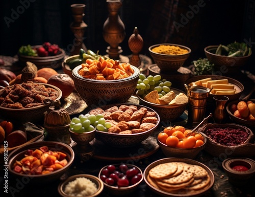 Dried fruits and vegetables on wooden table in oriental style.