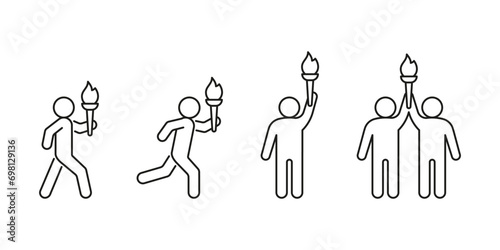 Olympic torch with fire in hands of people, line icon. Burning Olympic torch symbol of sport games. Competition of athletes in sport for winning champion. Flame of victory. Vector outline
