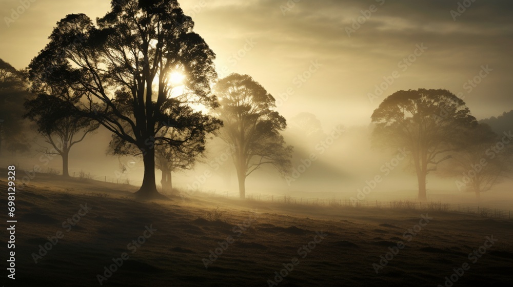Shadows of trees stretching across a fog-covered meadow.