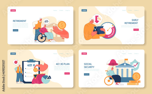 Retirement Planning Collection. Insightful visuals on retirement age, 401(k) plans, and social security benefits for future financial stability.