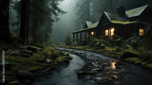 A cozy countryside in a misty forest on a rainy day. Generative AI. photo
