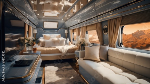 An extremely luxurious mobile home that redefines the concept of mobile living. The interior design is a high-end materials. Generative AI.