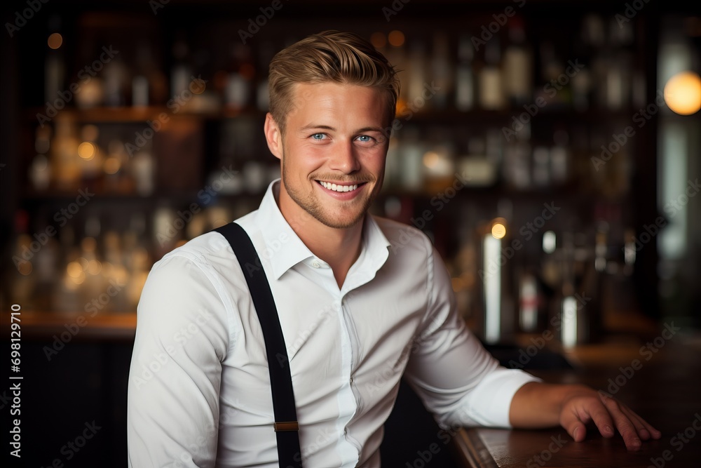 Smiling bartender with copy space at the bar in a lively and vibrant atmosphere Smiling bartender with copy space at the bar in a lively and vibrant atmosphere