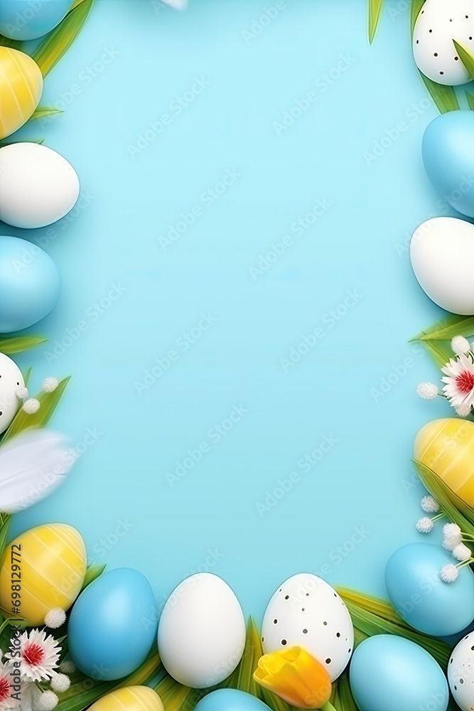 Bright blue background with colorful easter egg banner for holiday decorations