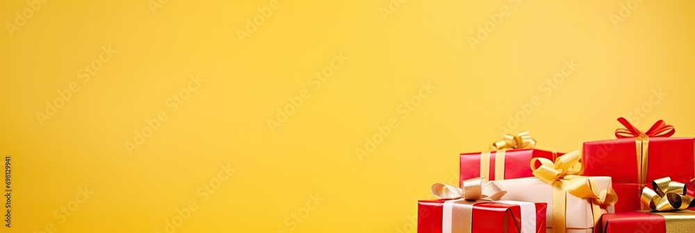 Bright gift boxes and colorful gifts create a festive mood on a bright yellow background. Fun awaits!