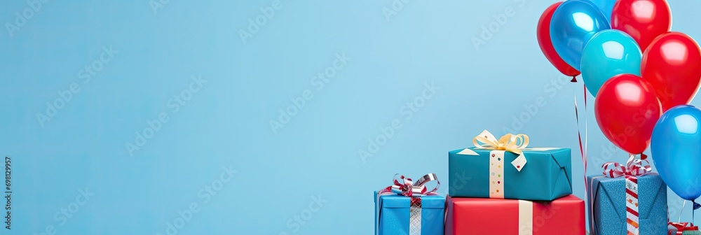 Gift boxes and balloons on blue background, bright holiday mood