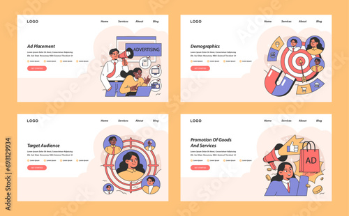 Integrated advertising services set. Outlining ad placement, demographic analysis, audience targeting, and product promotion strategies. Tailored advertising solutions. Flat vector illustration.
