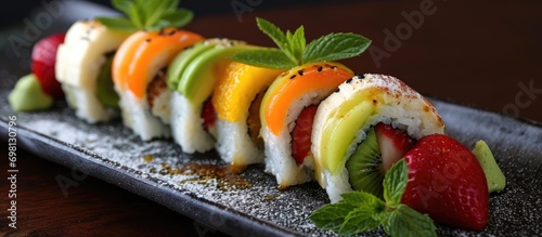 Kiwi, banana, orange, and strawberry in a sweet sushi roll.